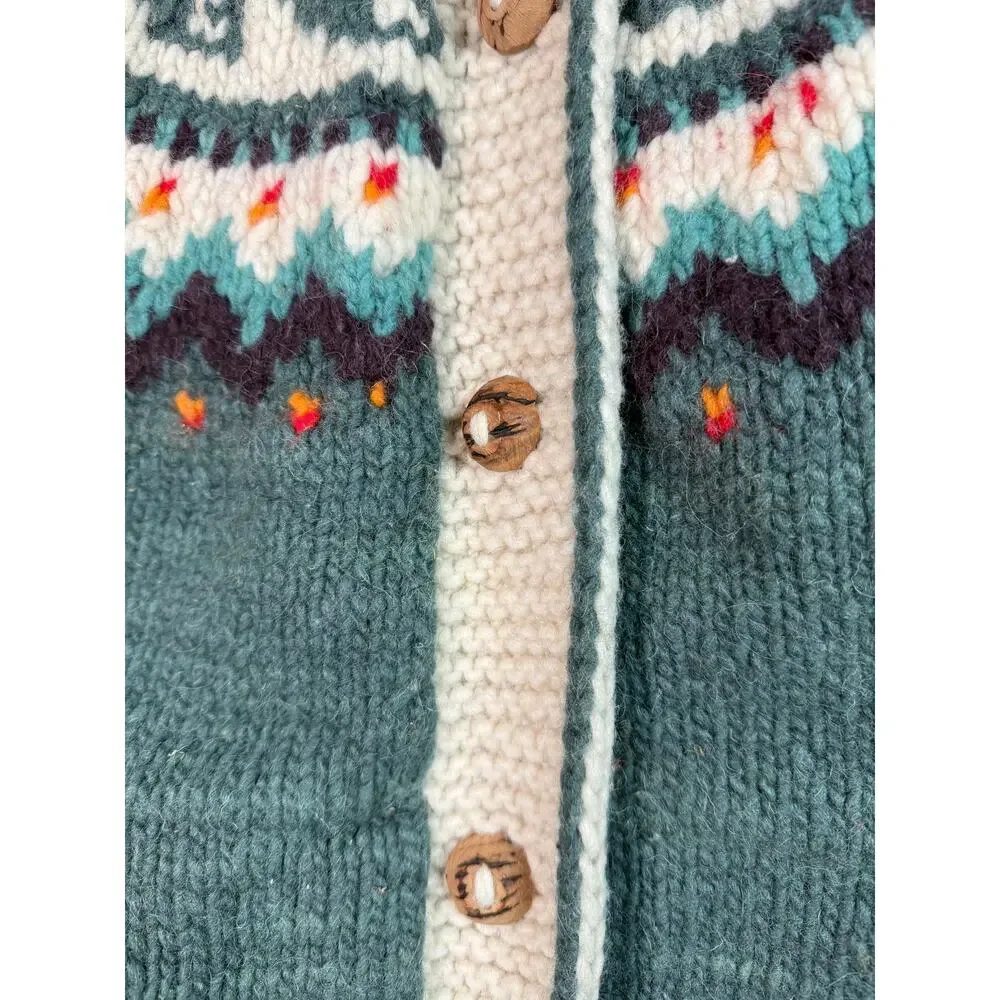 Vintage Del Mundo Handmade Wool Cardigan Green OS Ecuadorian Chunky Wood Button - Picture 2 of 9